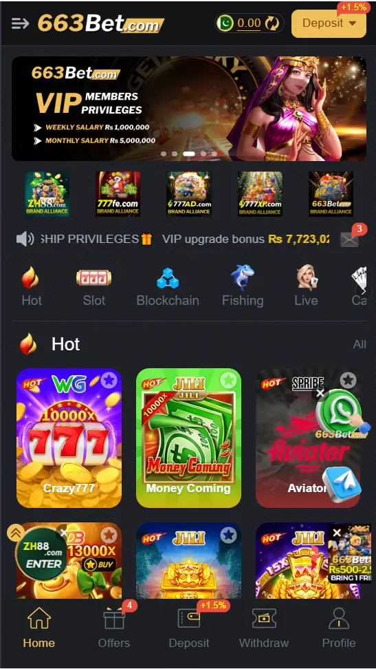 663BET Game homepage showing VIP members privileges, hot games like Aviator and Crazy777, deposit button, and game categories on Android app 2026