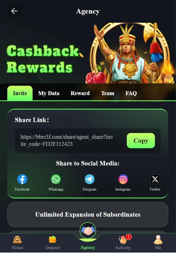 BBRS game agency page showing cashback rewards, referral link, and social media sharing options