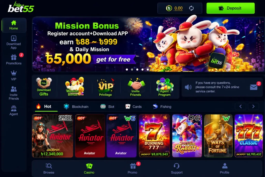 Bet55 online casino game homepage in landscape mode featuring Aviator games, slot machines, mission bonus offers, VIP rewards, animated rabbit mascots, and neon green gaming interface designed for Pakistani players.