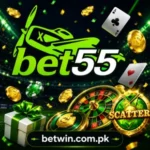 Bet55 casino game logo with glowing green theme, poker cards, roulette wheel, gold coins, casino chips, and betting graphics designed for online gaming players in Pakistan.