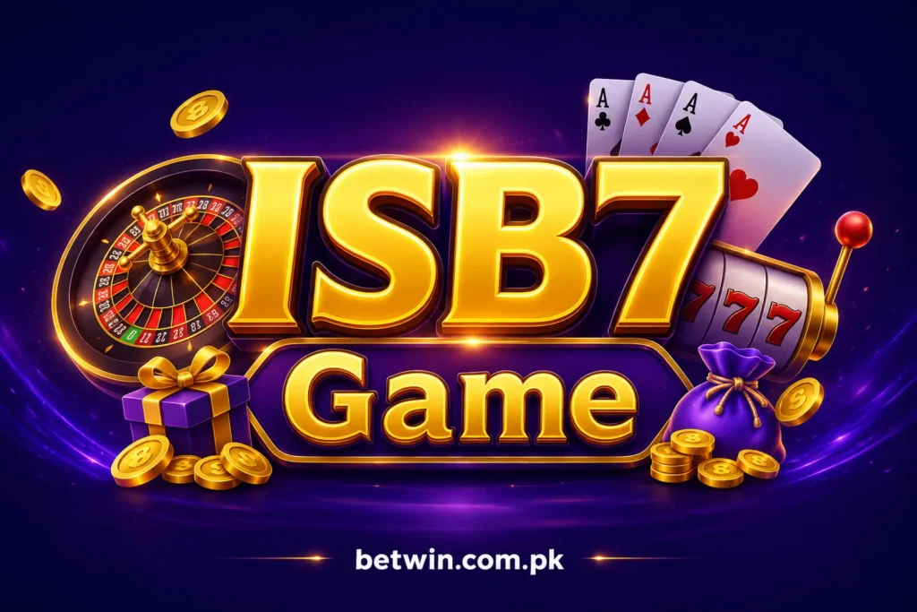 ISB7 Game APK download banner with roulette wheel, slot machine, playing cards and gold coins on betwin.com.pk Pakistan