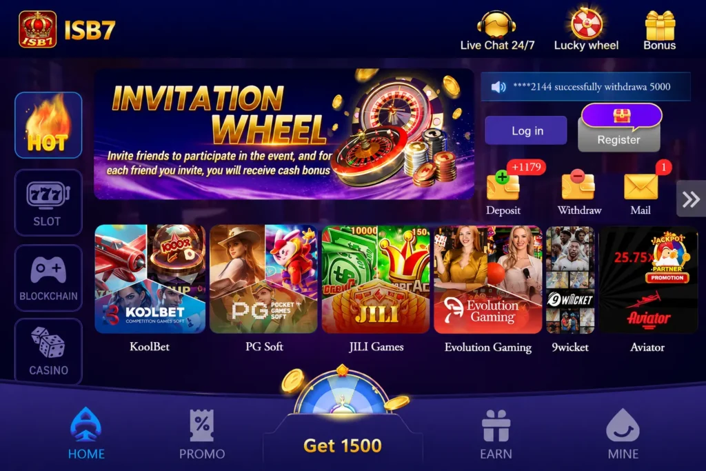 ISB7 Game home interface showing slot games, casino, blockchain games, JILI, PG Soft, Evolution Gaming, Aviator, and invitation wheel bonus in Pakistan