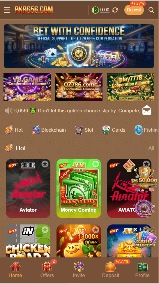 PKR656 game homepage interface showing Aviator, slot games, cards and deposit options for Pakistani users