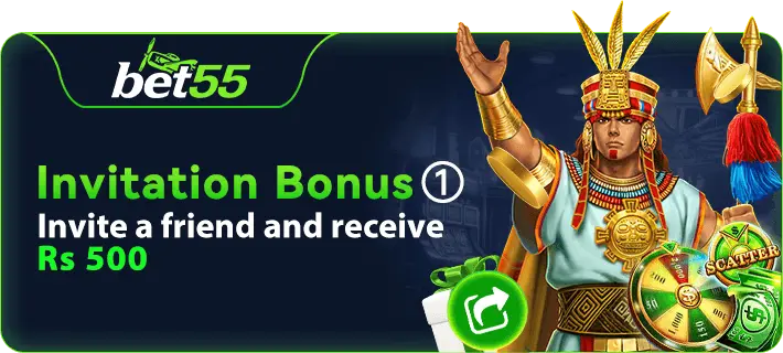 Bet55 invitation bonus banner featuring an ancient warrior character, referral reward offer of Rs 500, green casino theme, bonus wheel, and online gaming promotion for Pakistani users.