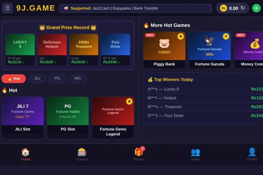 Screenshot of the 9J.GAME online casino homepage showing slot game categories, a Grand Prize Record leaderboard, hot games including JILI Slot and PG Slot, and top winners with prize amounts in Pakistani Rupees.