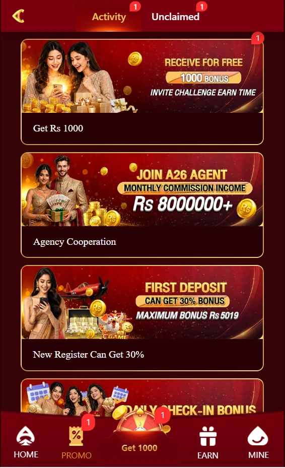A26 Game APK promo screen showing Rs 1000 free bonus, 30% first deposit offer up to Rs 5019, A26 Agent monthly commission Rs 8000000+, and daily check-in rewards for Pakistan users.