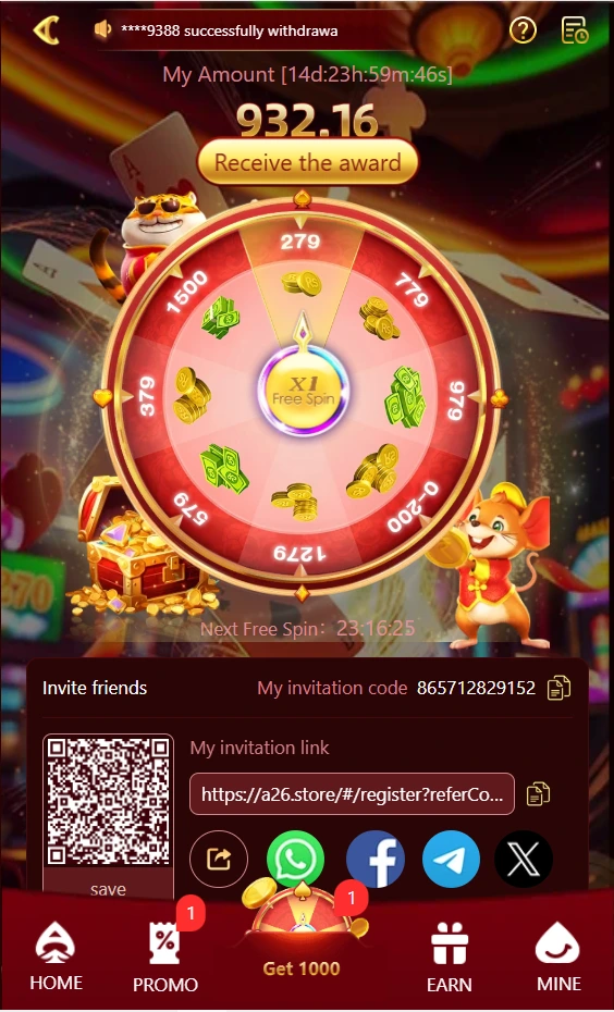 A26 Game APK free download screen showing a Lucky Spin Wheel with prizes up to Rs 1500, free daily spins, reward amount of 932.16, and a referral invite system with QR code for Pakistani players.