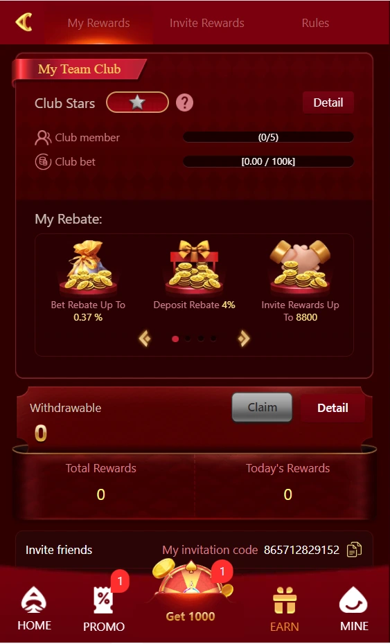 A26 Game Team Club dashboard showing bet rebate, 4% deposit rebate, and invite rewards up to 8800 coins in Pakistan