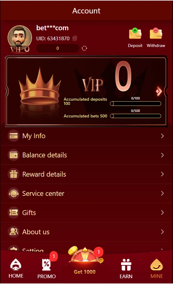 26 Game account screen showing VIP level, accumulated deposits, bets progress, balance details, rewards, and gift features for Pakistani players