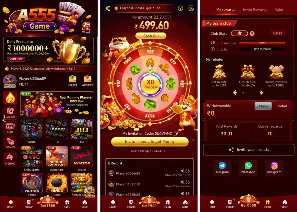 A555 Game App Interface – Home Screen Showing Casino, Slots, Games, Lucky Wheel & Referral Rewards