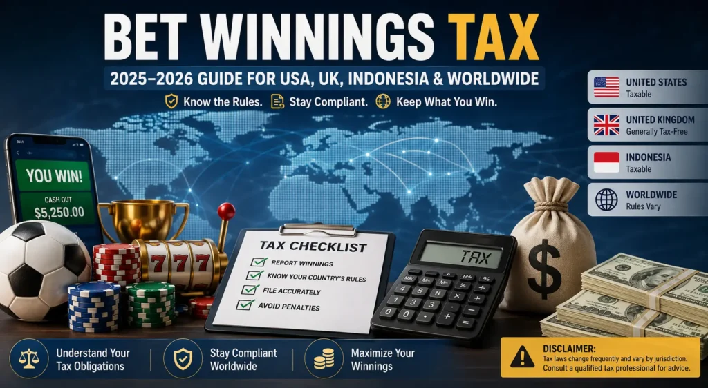 Bet Winnings Tax 2025-2026 infographic showing tax rules for USA, UK, Indonesia and worldwide with checklist and calculator
