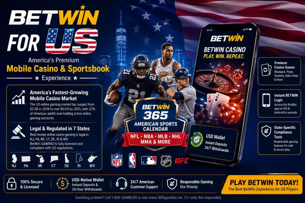 BetWin promotional banner for US players featuring a mobile app mockup, NFL and NBA sports imagery, American flag design, and highlights including legal play in 7 states, USD wallet, and 365-day American sports betting coverage.