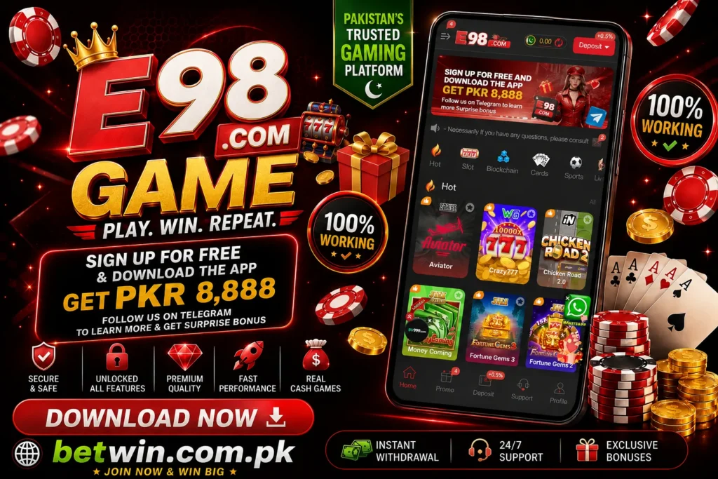 E98 Game app home interface showing hot games like Aviator, Crazy777, and Fortune Gems with PKR 8888 signup bonus for Pakistani players