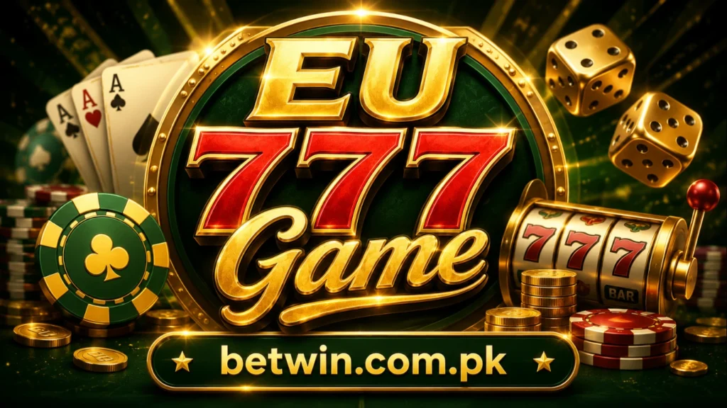 EU777 Game logo with slot machine golden dice and playing cards showing real money earning platform for Pakistan 2026