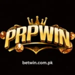 PRPWIN official logo featuring bold 3D gold metallic lettering with a gold crown on top, amber gemstone accents on both sides, a dark shield emblem in the center, and the website URL betwin.com.pk displayed below on a black background.