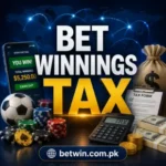 Bet Winnings Tax feature image — sports betting cash out screen showing $5,250 win alongside casino chips, tax form, calculator, and money bag