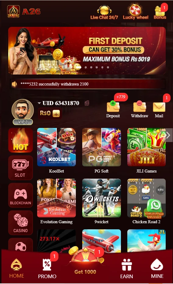 A26 Game home screen displaying online casino games, slots, live gaming, and a first deposit 30% bonus up to Rs 5019 for Pakistan players.