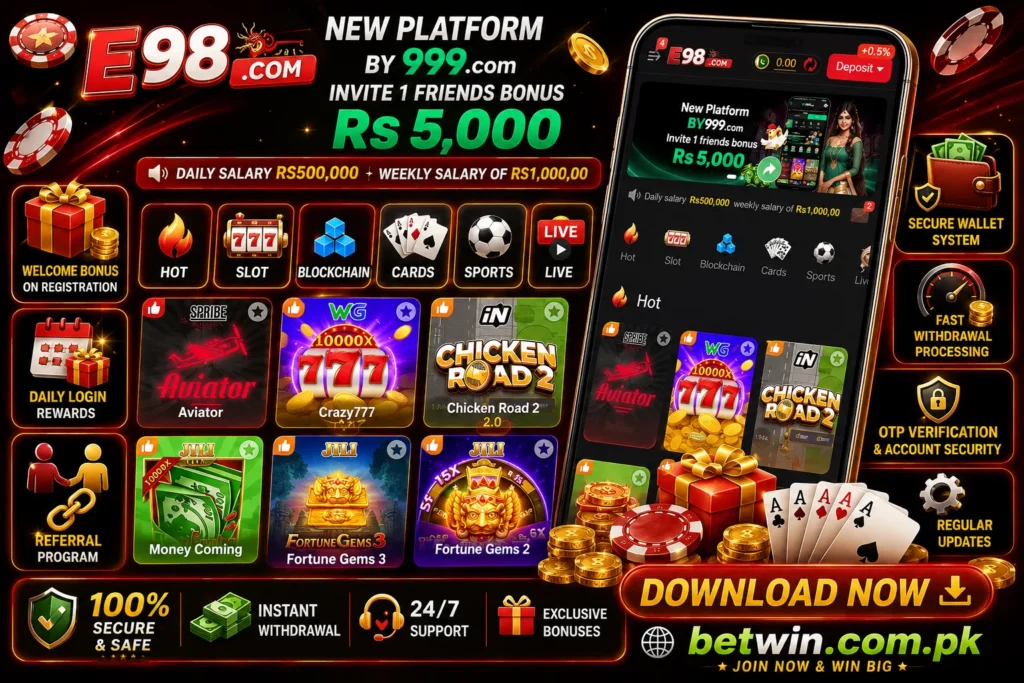 E98 Game home interface showing hot games like Aviator, Crazy777, Chicken Road 2, Fortune Gems with Rs 5,000 invite bonus and daily salary Rs 500,000 for Pakistani players