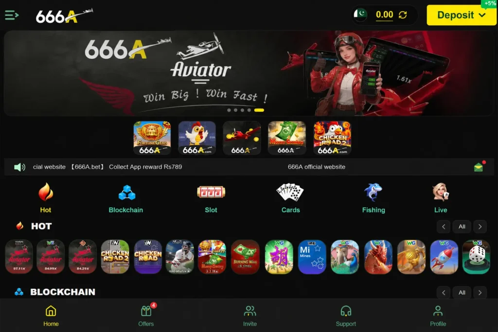 666A Game home page interface showing Aviator game banner, hot games section, blockchain and slot categories with JazzCash deposit button on Android app