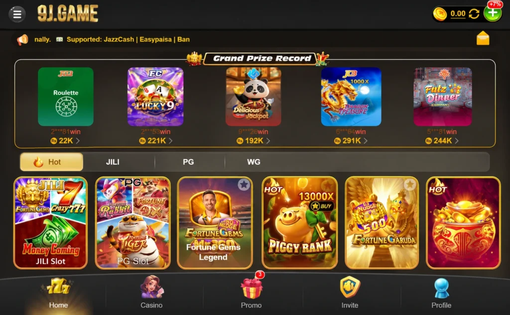 9J Game homepage interface showing the Grand Prize Record section with five game cards, Hot game grid including JILI Slot, PG Slot, Fortune Gems Legend, Piggy Bank, and Fortune Garuda, along with top navigation bar displaying JazzCash and Easypaisa payment support, and bottom navigation menu with Home, Casino, Promo, Invite, and Profile tabs.