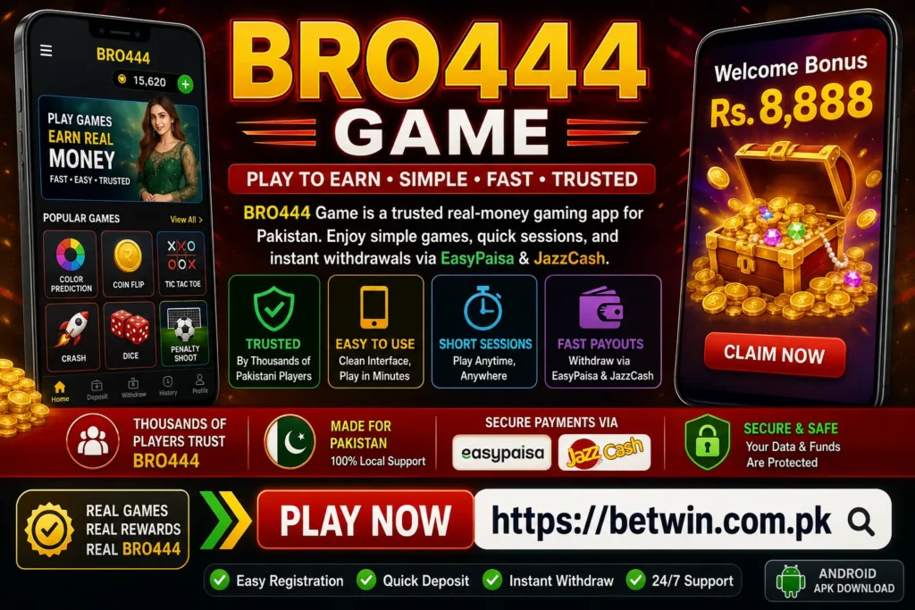 BRO444 Game APK home screen showing color prediction, crash, dice games with EasyPaisa and JazzCash withdrawal options in Pakistan
