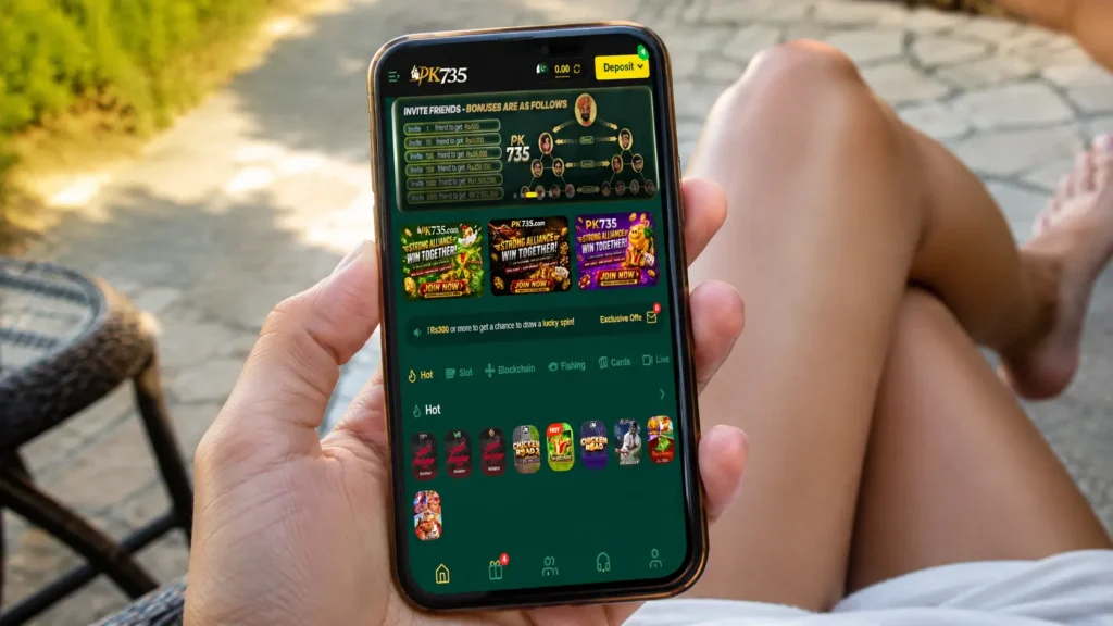 Pk2026 Game app interface with invite friends bonus tiers up to Rs2500000 strong alliance promotions hot games including Aviator and Chicken Road and game categories slot blockchain fishing cards and live