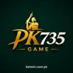 PK735 Game official logo featuring gold metallic PK735 text with warrior statue holding spear above head on dark green premium background with Game subtitle