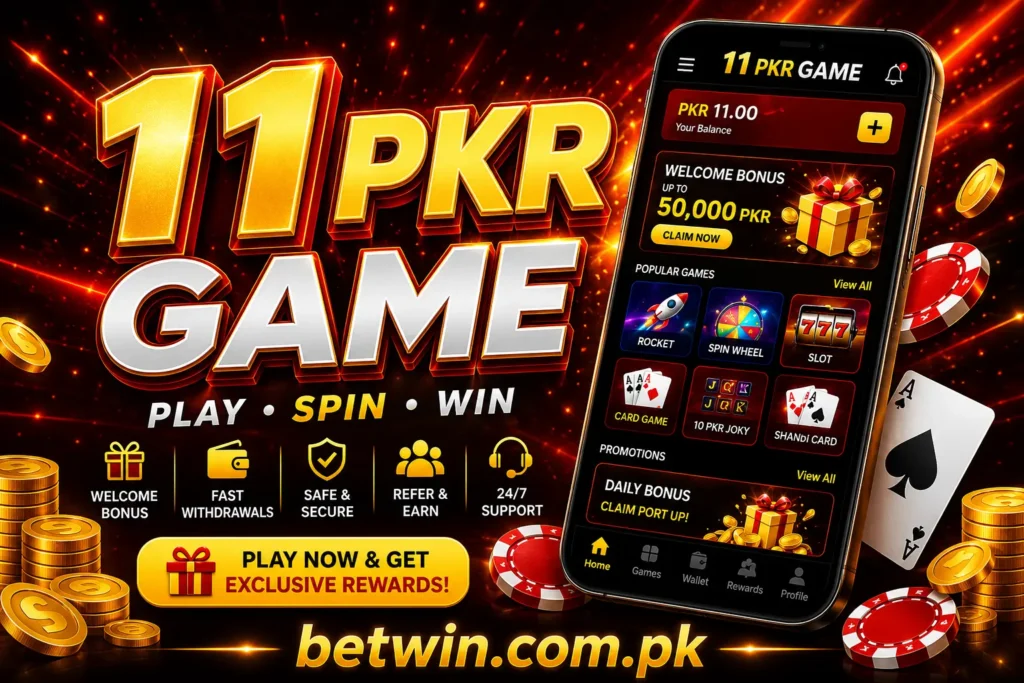 11PKR Game promotional banner showing app interface with welcome bonus up to 50000 PKR, popular games including Rocket, Spin Wheel, Slot, Card Game and Shandi Card alongside gold coins and casino chips