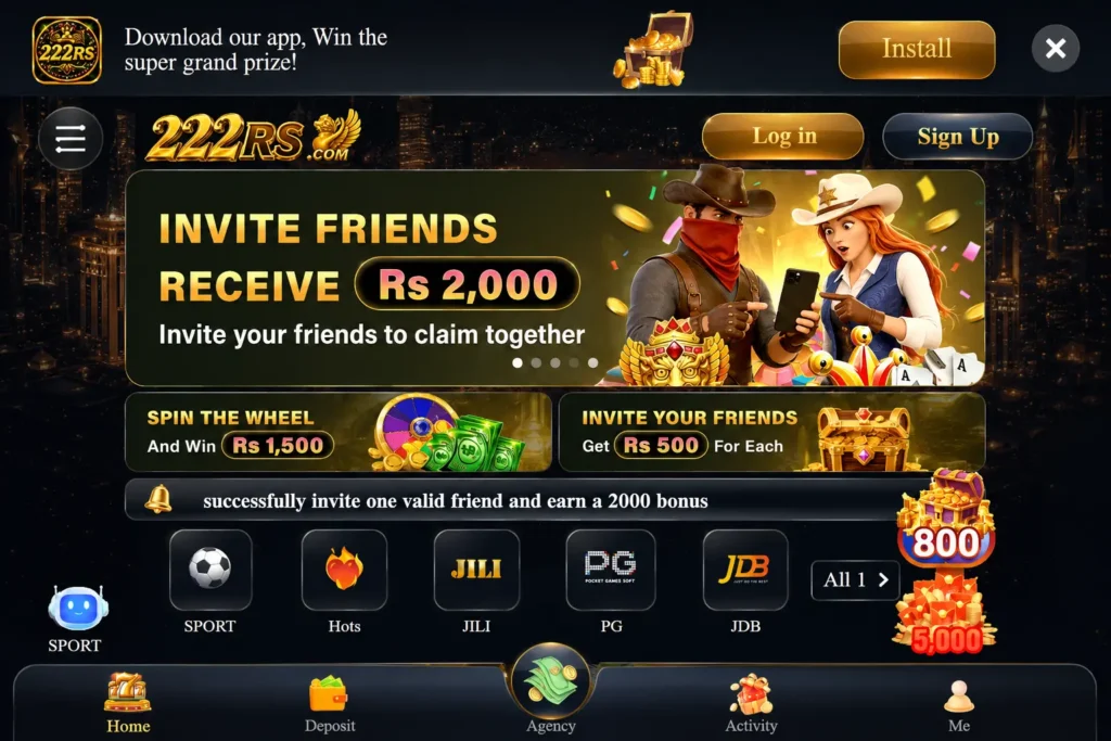 222RS Game app homepage screenshot showing invite friends bonus of Rs 2000, spin the wheel prize of Rs 1500, JILI PG and JDB game categories on a dark gold interface