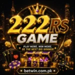 222RS Game official logo featuring gold crown with purple gem, treasure chest, playing cards, dice and gold coins against a dark city night background — Play More Win More
