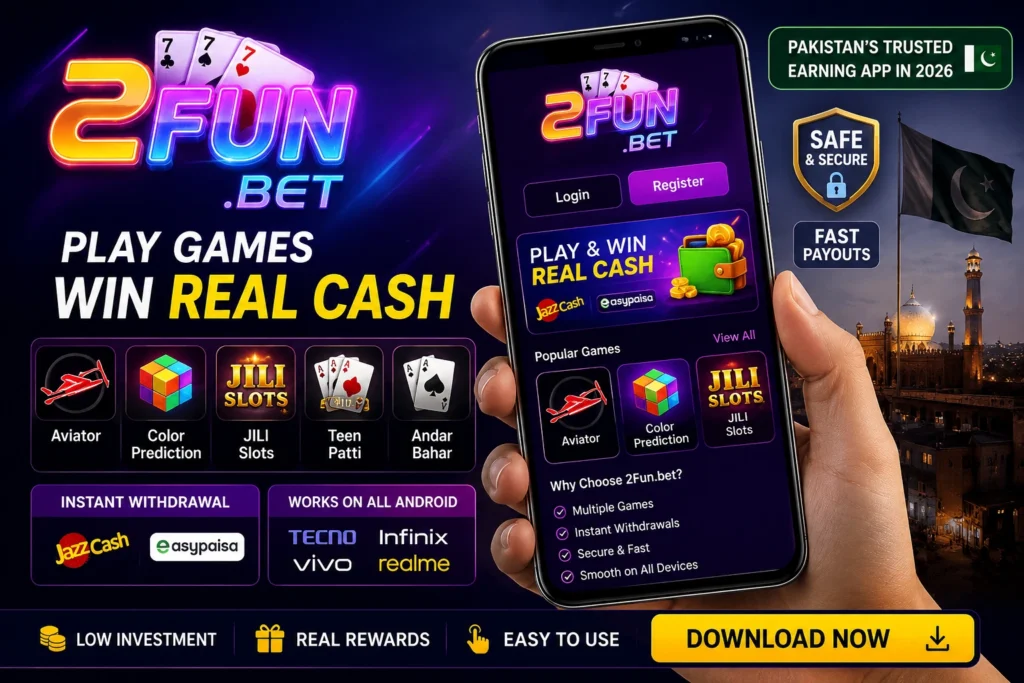 2Fun bet gaming app banner showing Aviator, Color Prediction, JILI Slots, Teen Patti, and Andar Bahar games with JazzCash and EasyPaisa withdrawal options for Pakistani Android users in 2026