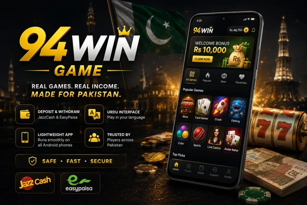 94Win Game app interface showing JazzCash EasyPaisa payments and Urdu support for Pakistani players