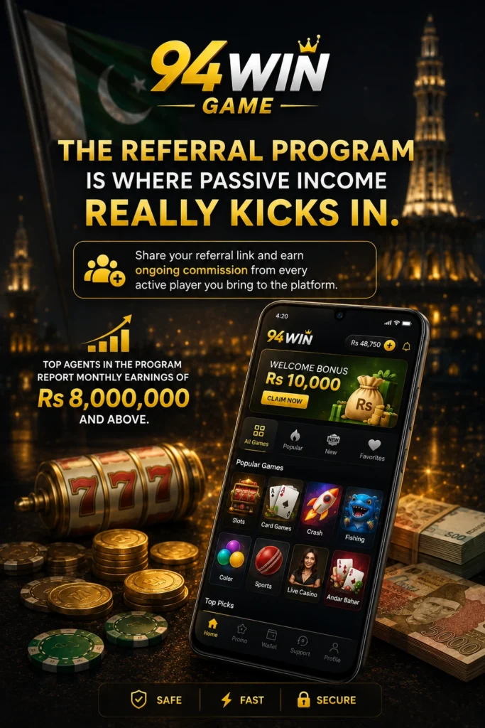 94Win Game referral program earning passive income in Pakistan with app interface shown