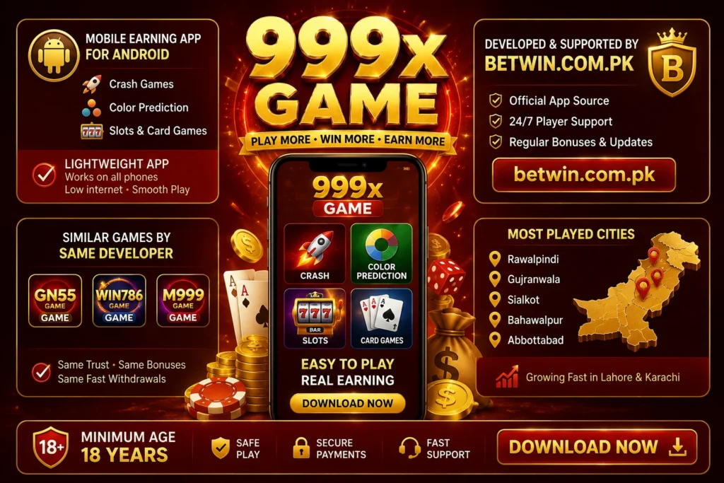 999x Game Android earning app infographic showing crash games, color prediction, slots, and most played cities in Pakistan