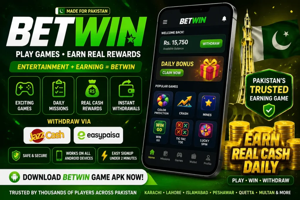 BetWin app promotional banner showing app interface with Rs 15750 balance, Color Prediction Crash Mines Win Go Tic Tac Toe and Lucky Spin games, JazzCash EasyPaisa withdrawal and Pakistan's Trusted Earning Game badge