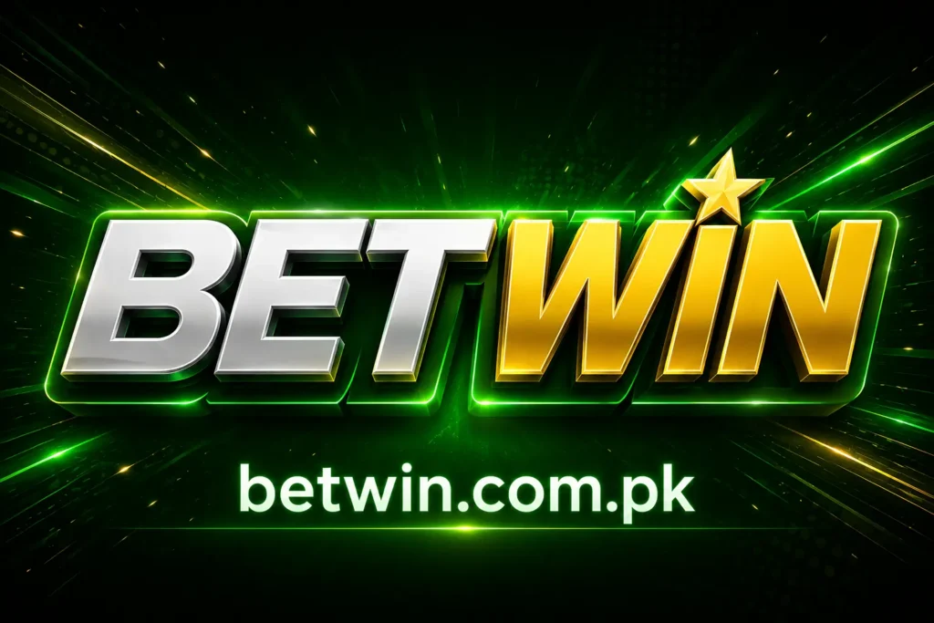BetWin official logo with silver BET and gold WIN three-dimensional lettering, gold star accent, green neon glow and light rays on a dark green background with betwin.com.pk domain
