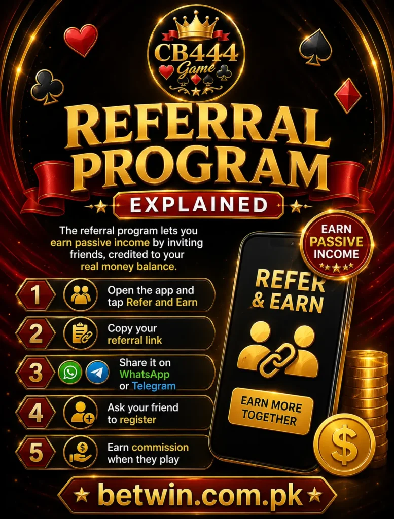 CB444 Game referral program infographic showing 5 steps to invite friends and earn passive income in Pakistan