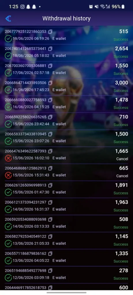 CB444 Game real withdrawal history showing successful payments to Pakistani players via e-wallet