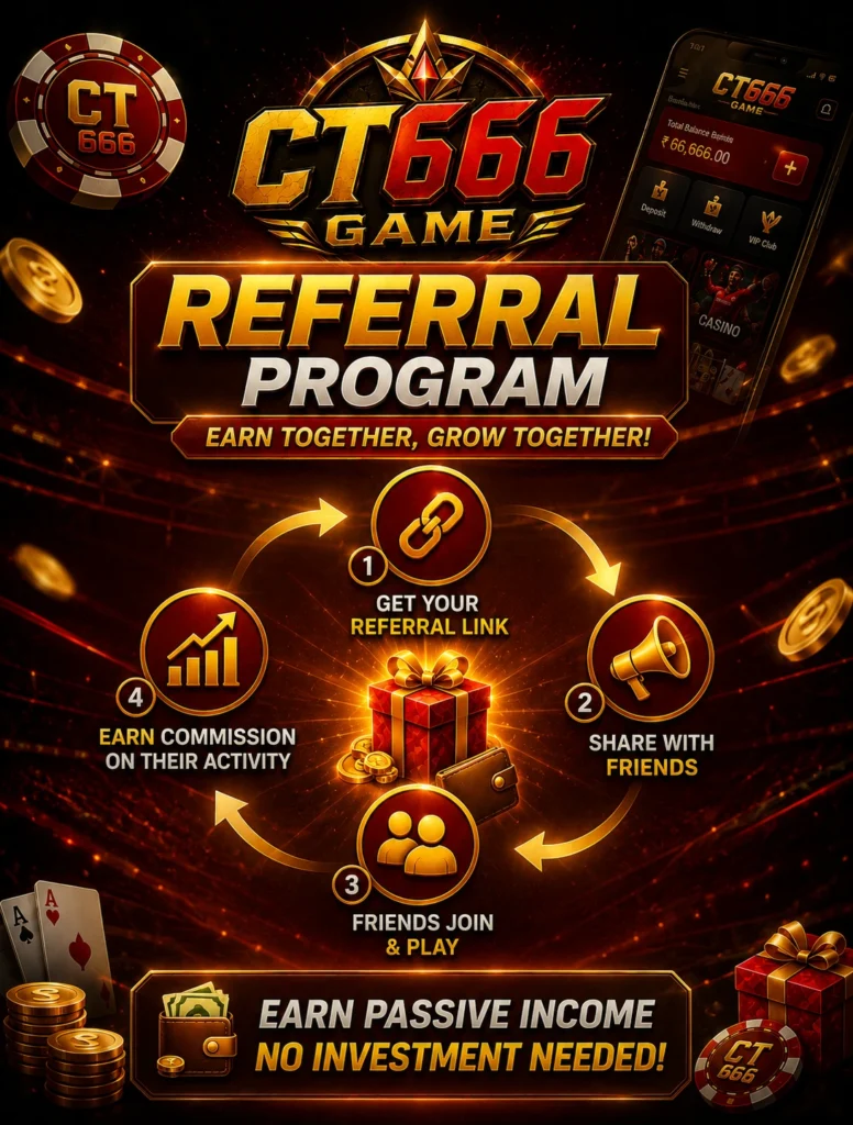 CT666 Game referral program infographic showing 4 steps to earn passive income with no investment in Pakistan 2026