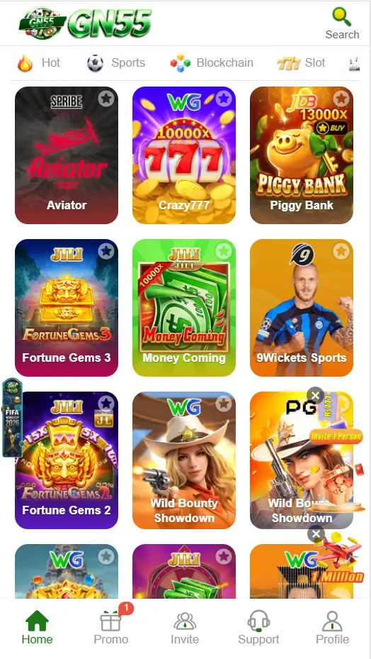 GN55 Game app home screen showing Aviator Fortune Gems and slots Pakistan 2026