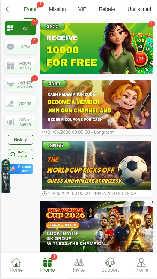 GN55 Game promo screen showing free bonus World Cup and redeem code offers 2026