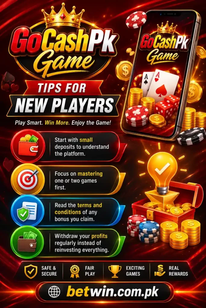 GoCashPk Game tips for new players infographic with 4 smart strategies to play safe and win real money in Pakistan 2026