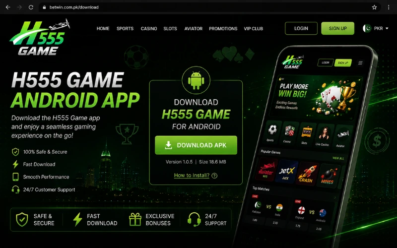 H555 Game Android APK download page showing download button version 1.0.5 and file size 18.6 MB