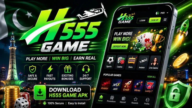 H555 Game APK download banner with Pakistan flag showing Aviator JetX Crash Mines and Lucky 7 games on mobile