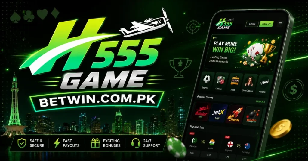 H555 Game app showing Aviator JetX Crash and Mines games on mobile for Pakistani players