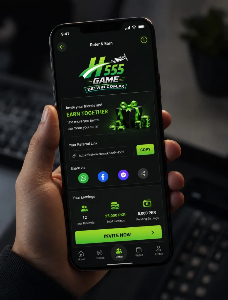 H555 Game Refer and Earn screen showing 12 referrals 25000 PKR total earnings and invite now button on mobile