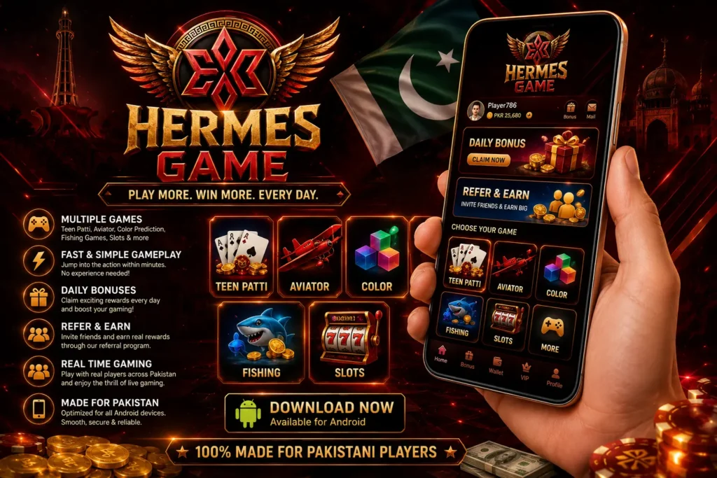 Hermes Game app interface showing Teen Patti Aviator and slots for Pakistani Android users 2026