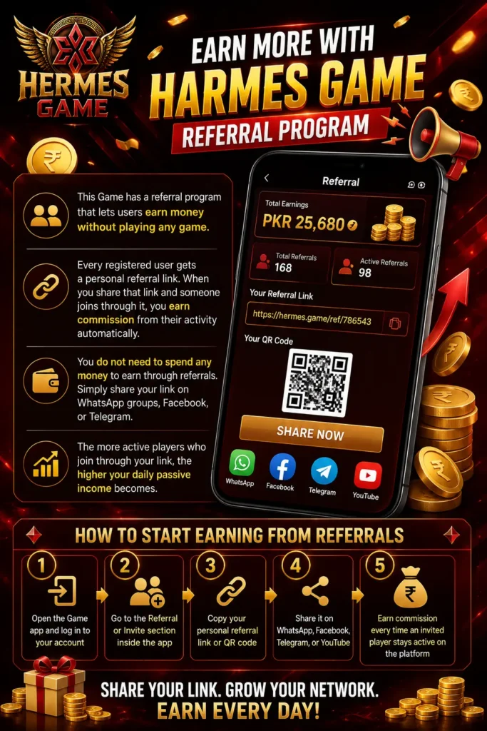 Hermes Game referral program earn passive income by sharing link in Pakistan 2026