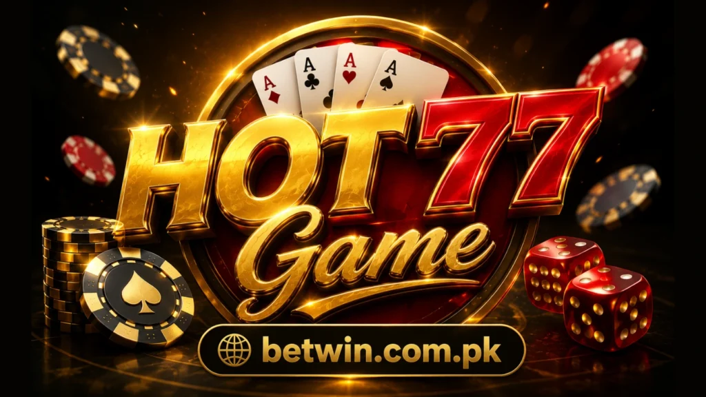 Hot77 Game apk download banner showing casino cards dice and chips for Pakistani players