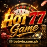 Hot77 Game official logo with golden fire design and casino elements on dark background